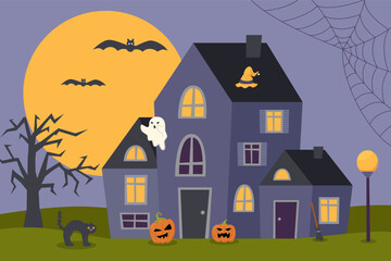 Halloween night background with house, ghost, pumpkins and moon. Halloween concept.