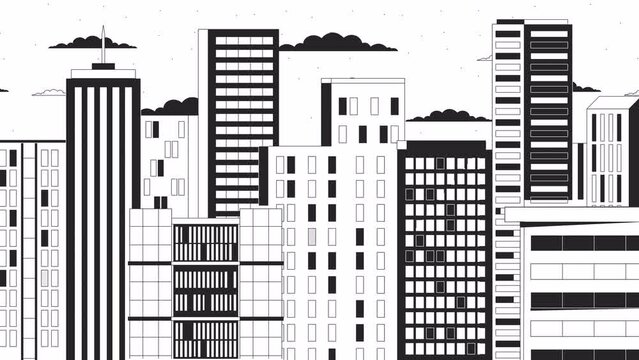 Twilight skyscrapers bw outline cartoon animation. High rise buildings sundown dusk 4K video motion graphic. Sunset downtown 2D monochrome linear animated background, aesthetic lofi wallpaper