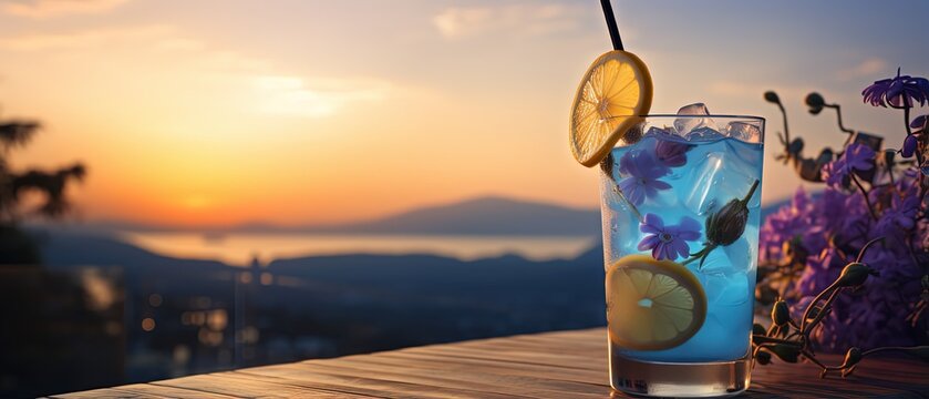 close up a glass of lemonade butterfly pea cocktail with beautiful seascape at sunset time, Generative Ai