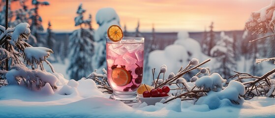 close up glass of cocktail on winter snow ground with red berry and lemon slice, Generative Ai