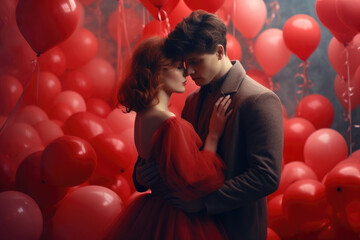 Man and woman standing in front of bunch of red balloons. Perfect for celebrations, parties, or romantic occasions. - Powered by Adobe