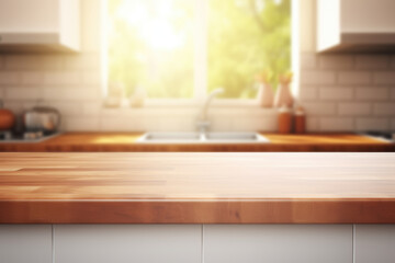 Wooden counter top in kitchen positioned next to window. This versatile image can be used to showcase modern kitchen design or to highlight importance of natural light in home.