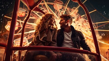A man and a woman sitting in a ferris wheel