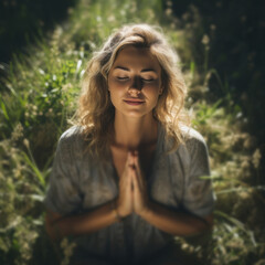 Fototapeta premium Prayer, woman outdoors on knees praying. Religion concept.