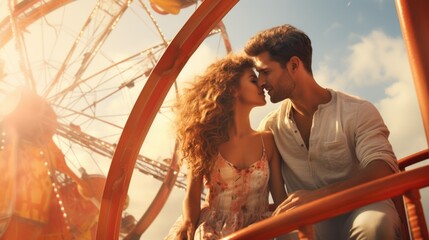 A man and a woman sitting next to each other in front of a ferris wheel