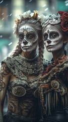 two girls, one painting the others face skeleton for the festival day of the dead.generative ai