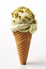pistachio icecream with waffle cone isolated on white