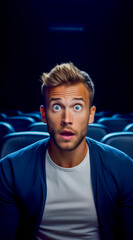 Man with astonished and surprised look watch a movie at cinema