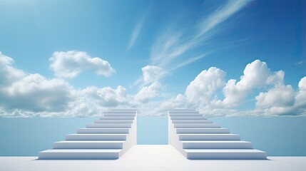 White minimalist stairs heading to the sky. blue sky and white clouds