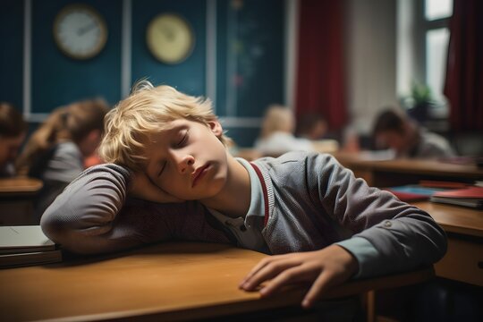 Bored Blonde Student Sleeping On His Desk In The School Classroom. Holding His Head With His Hand. Back To School.