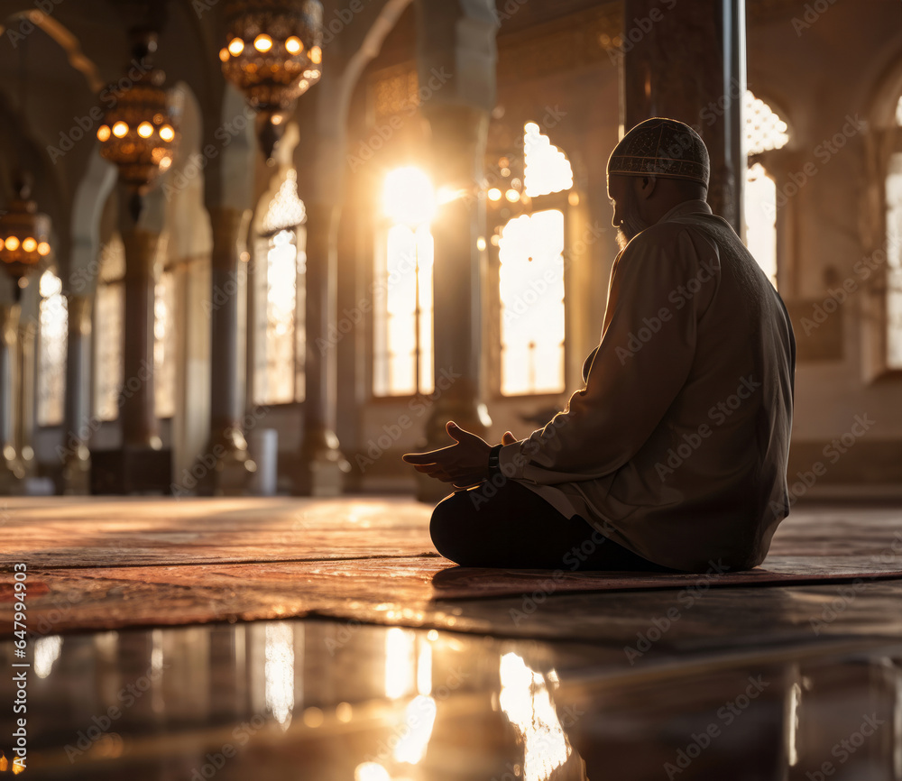 Wall mural muslim man praying in mosque at sunset. spiritual connection with god. religion concept.