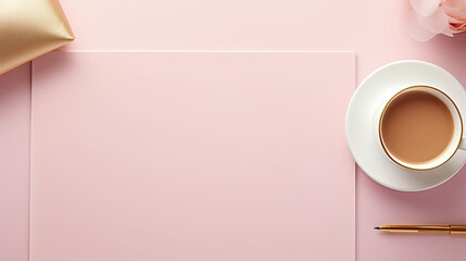 Luxury empty pink table with white coffee cup and gold paper clip top view mockup created with Generative AI Technology