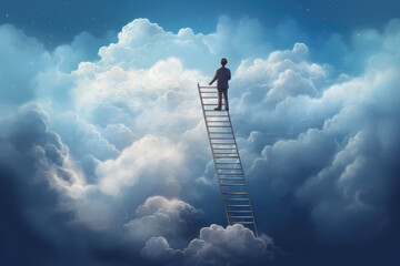 Man standing on ladder surrounded by fluffy clouds. Achievement, ambition, or reaching for sky. It can also be used metaphorically to depict dreaming big or pursuing goals.
