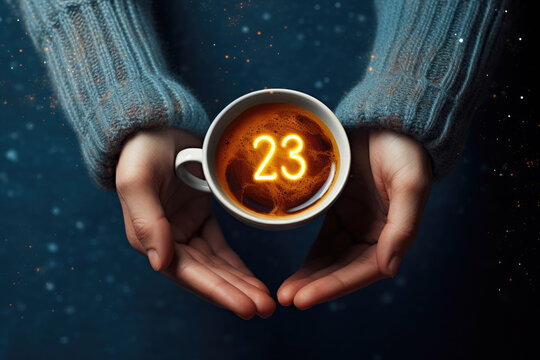 Person is seen holding cup of coffee with number 23 printed on it. This image can be used to represent someone enjoying hot beverage or as visual element for number 23.