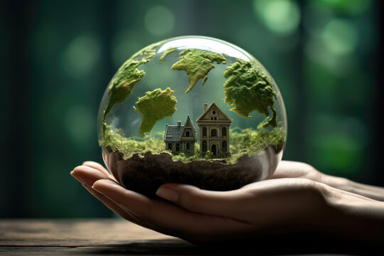 Person is seen holding glass globe with miniature model of house inside. This image can be used to represent concepts such as dreams, aspirations, real estate, or global perspectives.