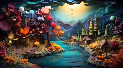 Fototapeta premium Lakeside scenery, inspired by 3D papercut art (Generative AI)