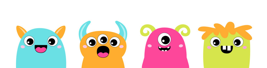 Happy Halloween. Monster set line. Cute face with teeth, eyeshorns. Black silhouette monsters. Cartoon kawaii funny boo character. Baby collection. T-shirt design. White background. Flat design.