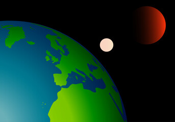 Planeta Tierra, la Luna y el planeta rojo, Marte en el espacio. El espacio. Astronomía, Astrología © Montsilus