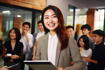 Woman holding tablet in front of group of people. This versatile image can be used to represent technology, communication, teamwork, or business meetings.