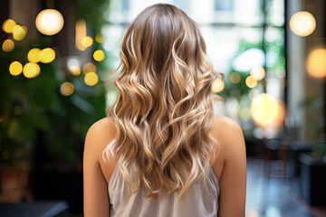 Back view of a Woman with Long Blonde balayage Hair color for Advertising Cosmetic Product for Delicate Washes, Clean, Swirling Vortexes. Beauty salon, blonde hair colouring and styling. Woman's hair.