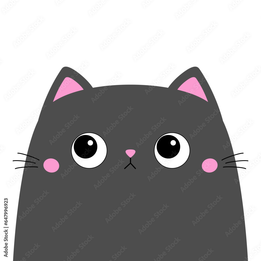 Wall mural gray cat head face silhouette icon. pink little nose, ears. big eyes. cute cartoon kawaii baby chara