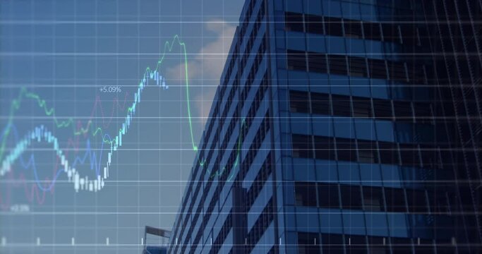 Animation of financial data processing against low angle view of tall building against blue sky