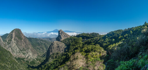 Panoramic scenic view from the Mirador del Bailadero with volcanic rock formations Los Roques and...