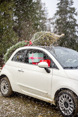 White car with Christmas tree on a rooftop and presents inside on the mountain road on snowy weather. Concept of New Year's mood and preparation for the holiday