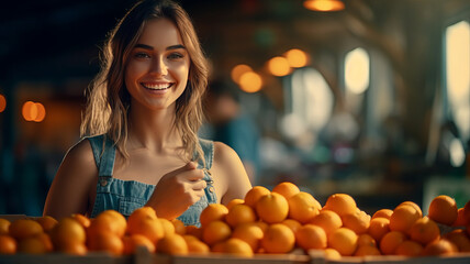 photograph of A young woman in apron sells juicy tangerines in fruit shop.generative ai