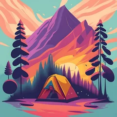 Rolgordijnen artwork of t-shirt graphic design flat design of a lone tent in the lush forest colorful shades highly detailed clean vector image simple sunrise backdrop generative AI © Venture Bell