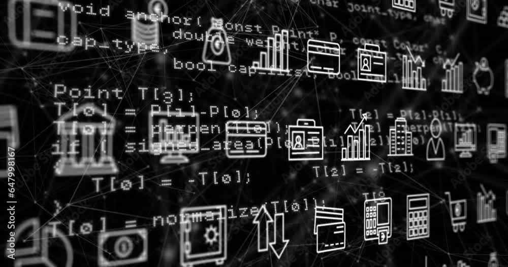 Poster Animation of interface with multiple digital icons, data processing and network of connections