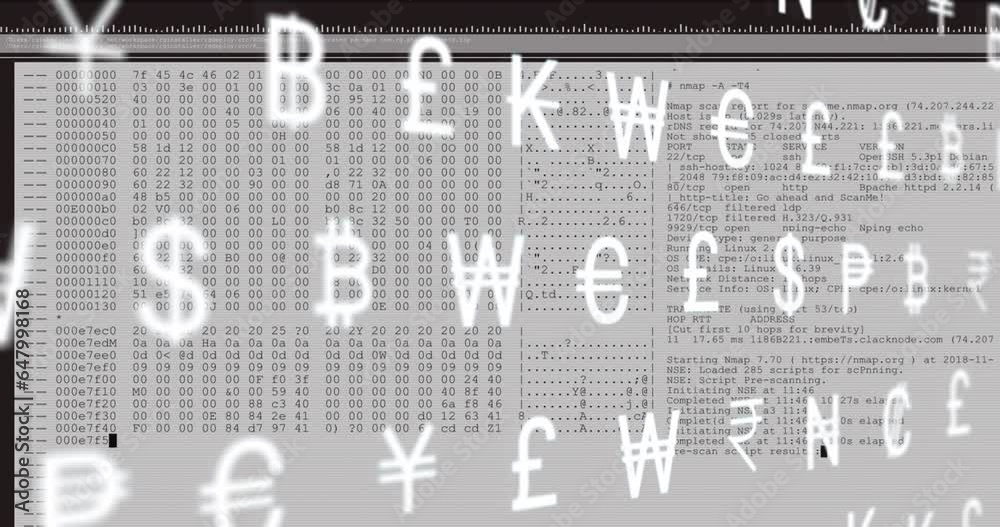 Poster animation of interface with multiple currency symbols and data processing against white background
