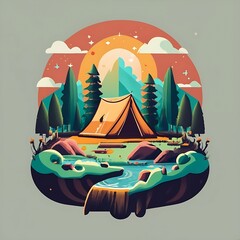 artwork of t-shirt graphic design flat design of a lone tent in the lush forest colorful shades highly detailed clean vector image simple sunrise backdrop generative AI