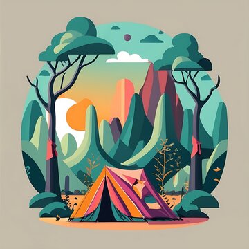 artwork of t-shirt graphic design flat design of a lone tent in the lush forest colorful shades highly detailed clean vector image simple sunrise backdrop generative AI