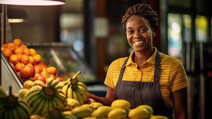 photograph of Joyful seller woman working in vegetable shop.generative ai