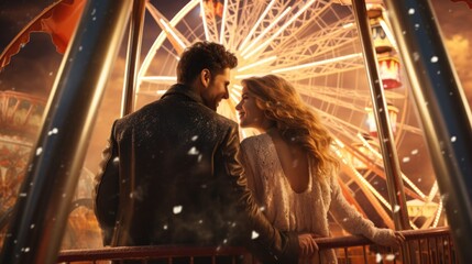 A man and a woman standing next to a ferris wheel