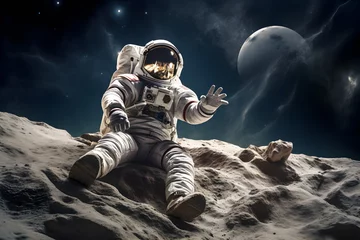 Fotobehang Spaceman or astronaut sitting on the rock of the moon. © May Thawtar