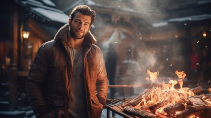 A man standing in front of a grill with flames - Powered by Adobe