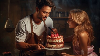 A man and a woman cutting a cake together