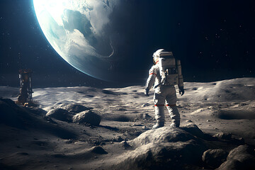 Back view of spaceman or astronaut on the surface of moon