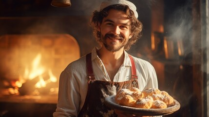 A man holding a plate of food in front of a fire