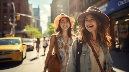 Fototapeta premium happy female friends travelers with bags crossing street together outdoor sunny day in china town.