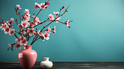 Blossoming Beauty: Pink Flowers in Glass Vase on Turquoise Background