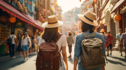 Obraz premium happy female friends travelers with bags crossing street together outdoor sunny day in china town.