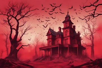 Fototapeta na wymiar Haunted house in the woods, in red color.