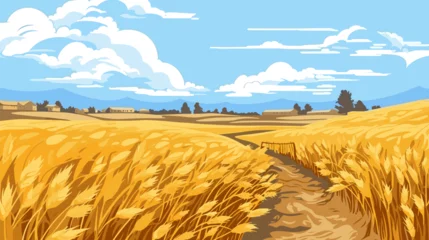  Rural landscape with ripe wheat fields and blue sky on background. Sunny autumn day. Vector © baobabay