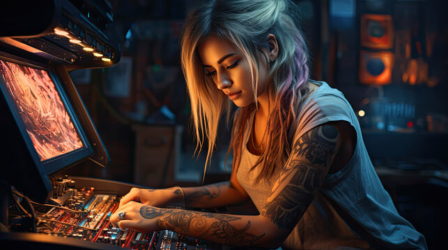 young IT specialist at work. computer geek, Girl with a tatoo