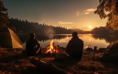 friends rest near fire on lake faint silhouett