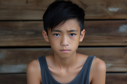 Sadness Asian Boy In A Black Tank Top On Wooden Plank Background