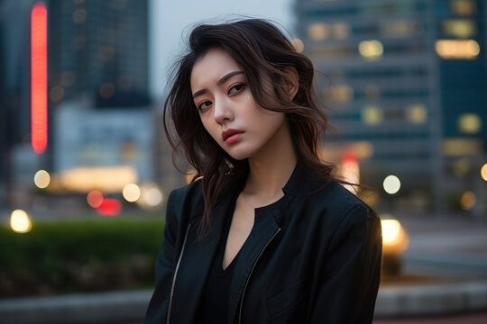 Sadness Asian Girl In A Black Suit On City Background
